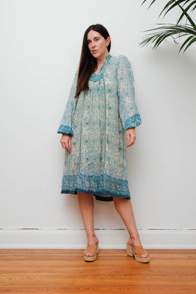 Rare 1970s Indian Gauze Dress, Green Cotton Smock with Gold Stars