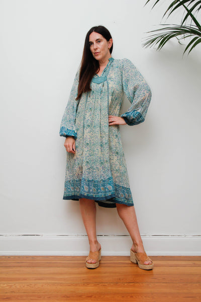 Rare 1970s Indian Gauze Dress, Green Cotton Smock with Gold Stars