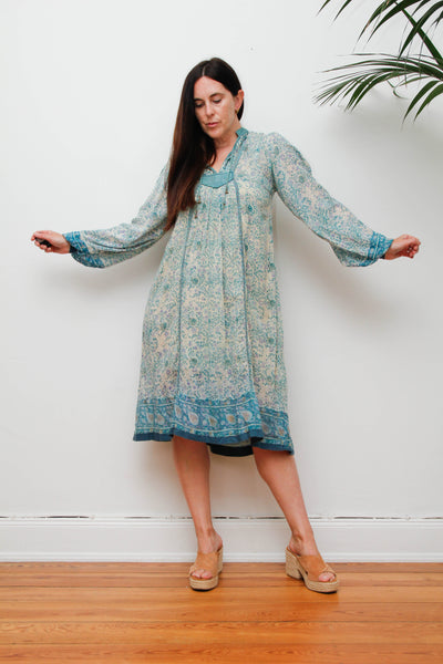 Rare 1970s Indian Gauze Dress, Green Cotton Smock with Gold Stars