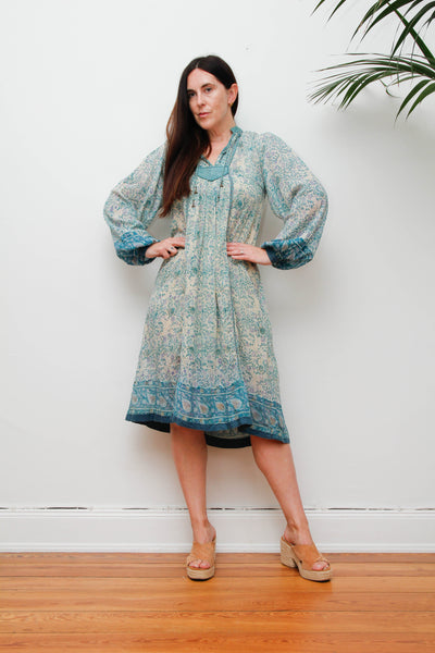 Rare 1970s Indian Gauze Dress, Green Cotton Smock with Gold Stars