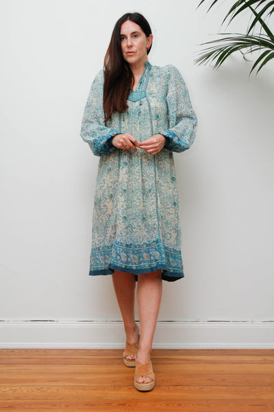 Rare 1970s Indian Gauze Dress, Green Cotton Smock with Gold Stars