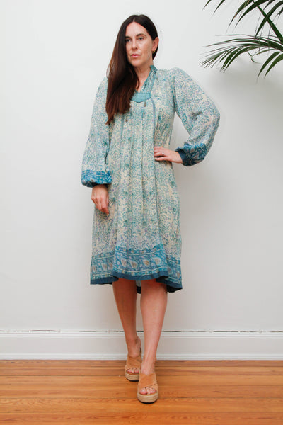 Rare 1970s Indian Gauze Dress, Green Cotton Smock with Gold Stars