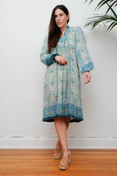 Rare 1970s Indian Gauze Dress, Green Cotton Smock with Gold Stars
