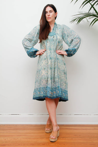Rare 1970s Indian Gauze Dress, Green Cotton Smock with Gold Stars