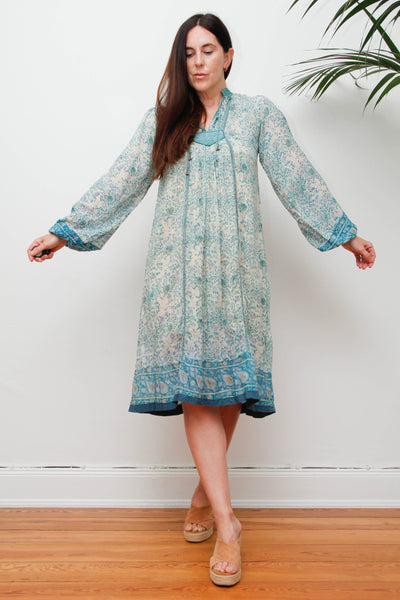 Rare 1970s Indian Gauze Dress, Green Cotton Smock with Gold Stars