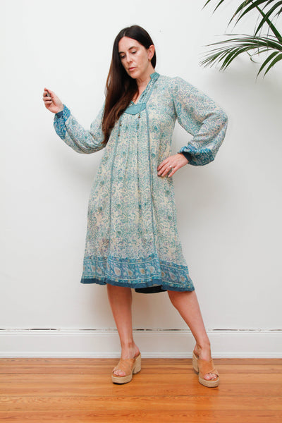 Rare 1970s Indian Gauze Dress, Green Cotton Smock with Gold Stars