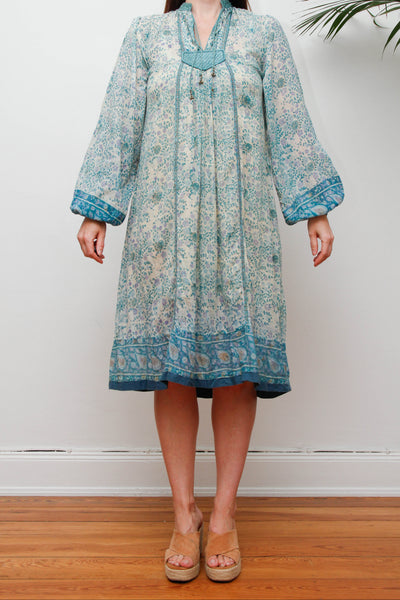 Rare 1970s Indian Gauze Dress, Green Cotton Smock with Gold Stars