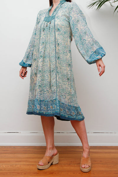 Rare 1970s Indian Gauze Dress, Green Cotton Smock with Gold Stars