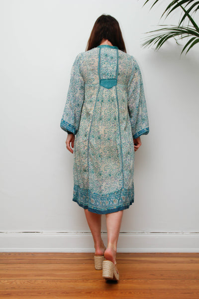 Rare 1970s Indian Gauze Dress, Green Cotton Smock with Gold Stars