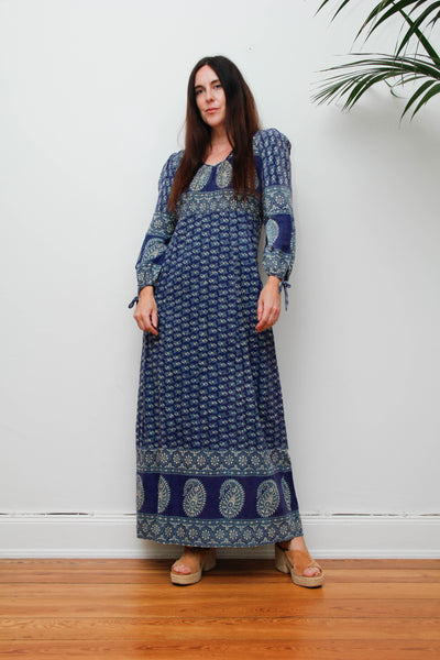 Rare Vintage Indian Block Print Dress, Blue Green Bohemian Maxi
