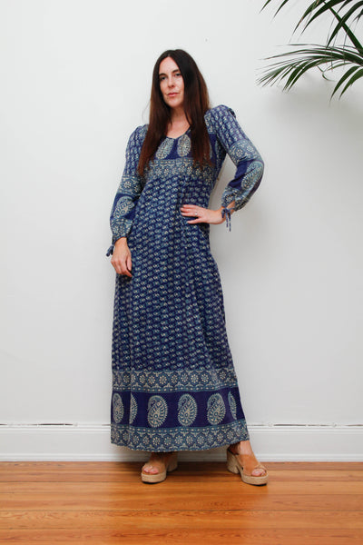 Rare Vintage Indian Block Print Dress, Blue Green Bohemian Maxi