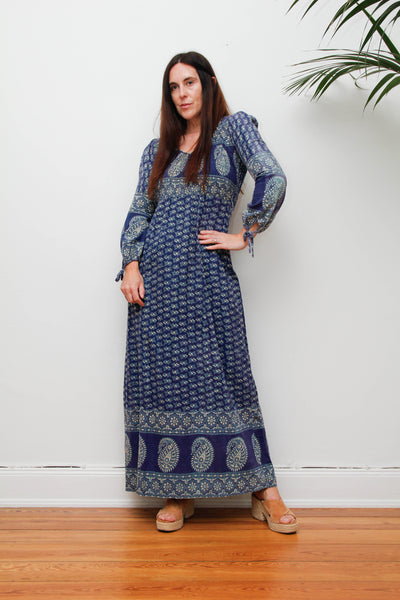 Rare Vintage Indian Block Print Dress, Blue Green Bohemian Maxi