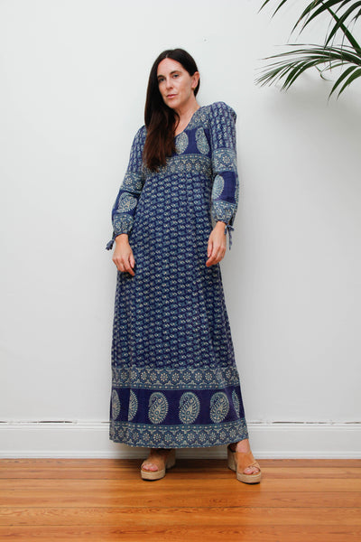 Rare Vintage Indian Block Print Dress, Blue Green Bohemian Maxi