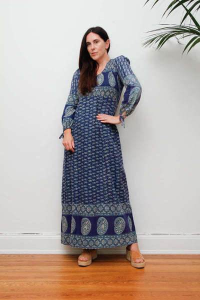 Rare Vintage Indian Block Print Dress, Blue Green Bohemian Maxi