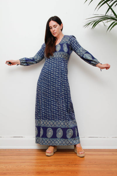 Rare Vintage Indian Block Print Dress, Blue Green Bohemian Maxi