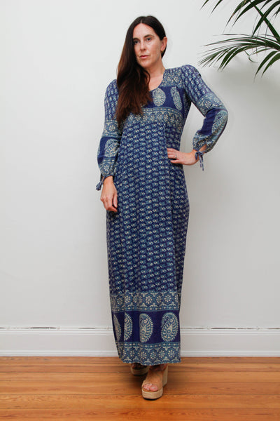 Rare Vintage Indian Block Print Dress, Blue Green Bohemian Maxi