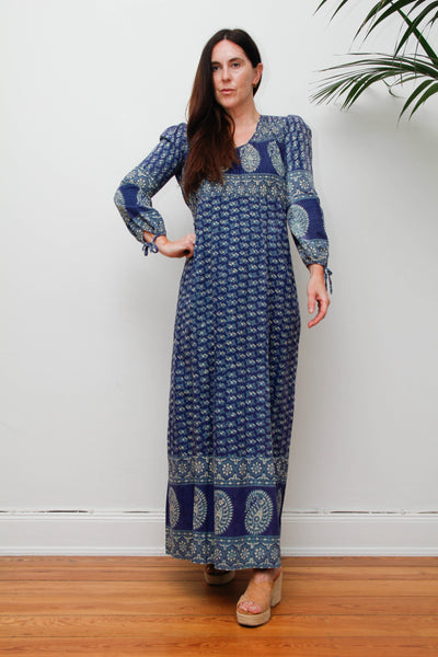 Rare Vintage Indian Block Print Dress, Blue Green Bohemian Maxi