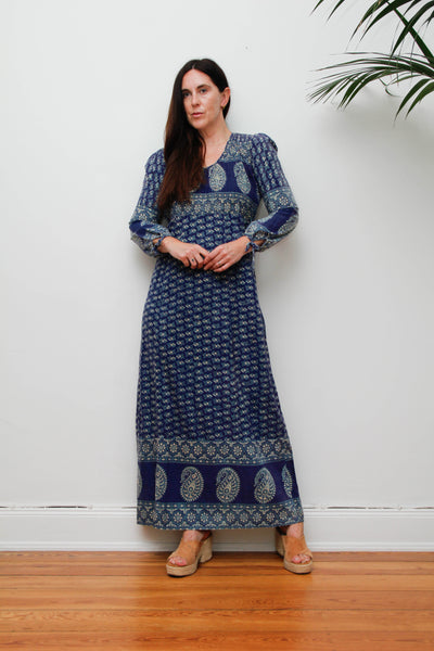 Rare Vintage Indian Block Print Dress, Blue Green Bohemian Maxi