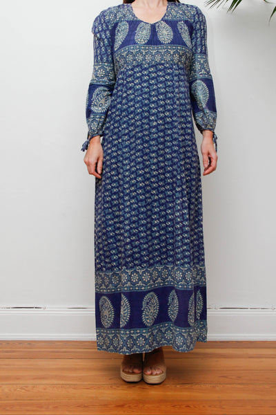 Rare Vintage Indian Block Print Dress, Blue Green Bohemian Maxi