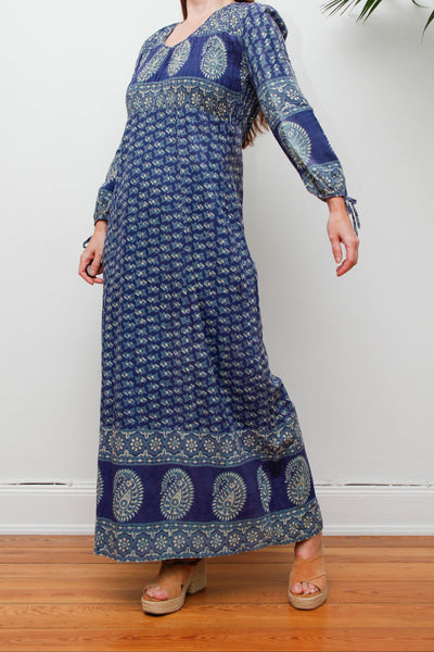 Rare Vintage Indian Block Print Dress, Blue Green Bohemian Maxi