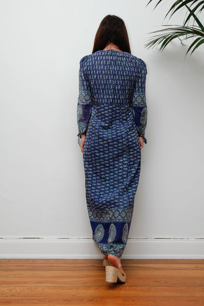 Rare Vintage Indian Block Print Dress, Blue Green Bohemian Maxi