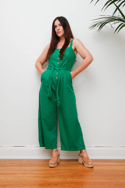Vintage 1980s Wide Leg Jumpsuit, Green Cotton Utility Overalls