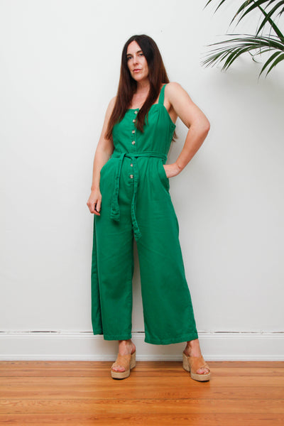 Vintage 1980s Wide Leg Jumpsuit, Green Cotton Utility Overalls