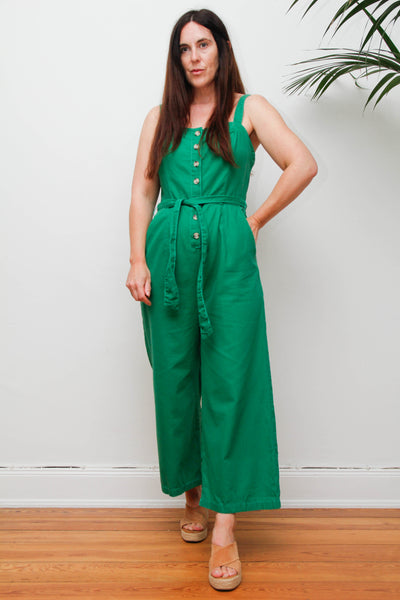 Vintage 1980s Wide Leg Jumpsuit, Green Cotton Utility Overalls