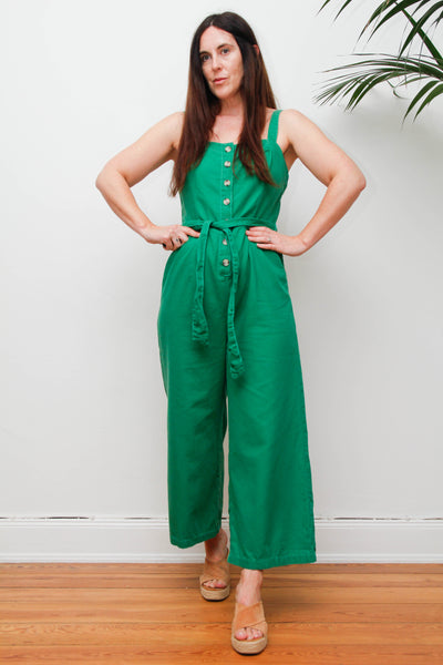 Vintage 1980s Wide Leg Jumpsuit, Green Cotton Utility Overalls