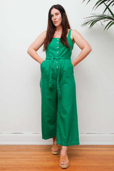 Vintage 1980s Wide Leg Jumpsuit, Green Cotton Utility Overalls