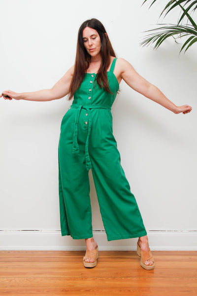 Vintage 1980s Wide Leg Jumpsuit, Green Cotton Utility Overalls