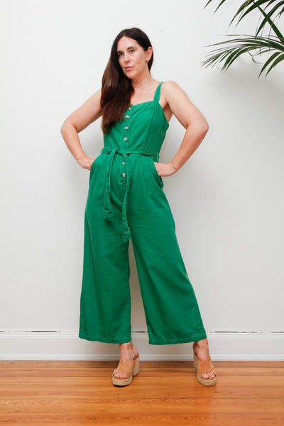 Vintage 1980s Wide Leg Jumpsuit, Green Cotton Utility Overalls