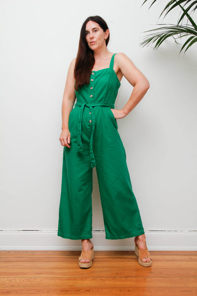 Vintage 1980s Wide Leg Jumpsuit, Green Cotton Utility Overalls