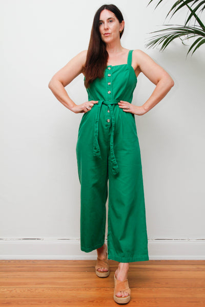 Vintage 1980s Wide Leg Jumpsuit, Green Cotton Utility Overalls