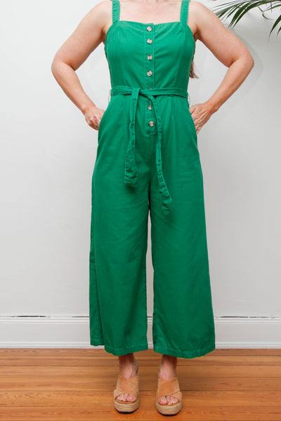 Vintage 1980s Wide Leg Jumpsuit, Green Cotton Utility Overalls