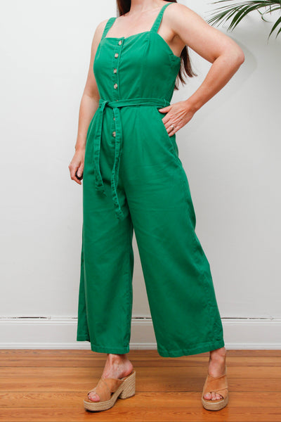 Vintage 1980s Wide Leg Jumpsuit, Green Cotton Utility Overalls