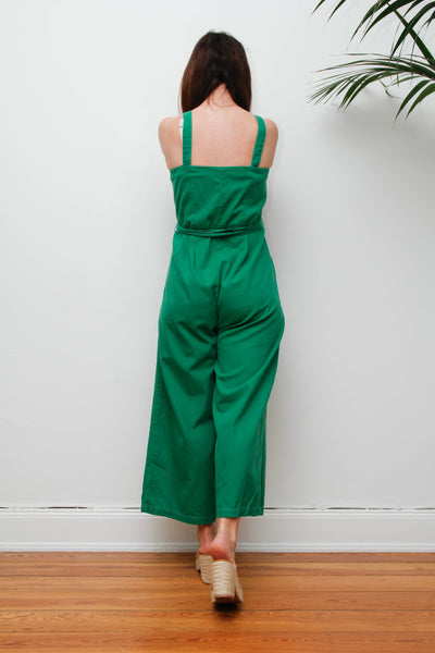 Vintage 1980s Wide Leg Jumpsuit, Green Cotton Utility Overalls