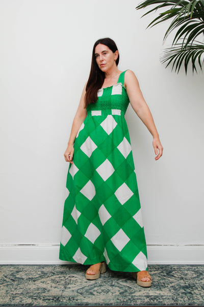 Vintage Prairie Maxi Dress, 1970's Green and White Check Cotton Bohemian