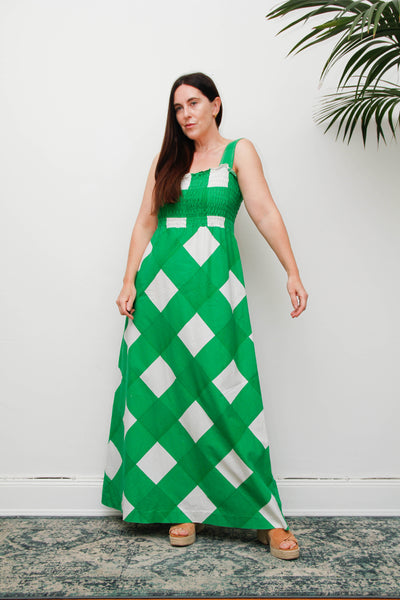 Vintage Prairie Maxi Dress, 1970's Green and White Check Cotton Bohemian