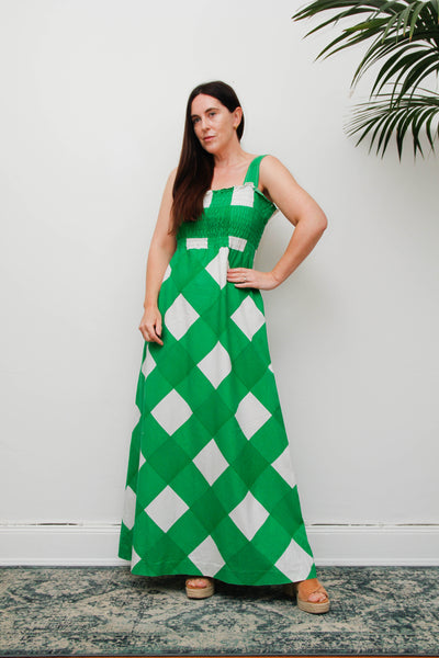 Vintage Prairie Maxi Dress, 1970's Green and White Check Cotton Bohemian