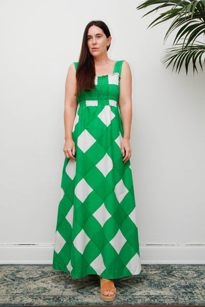 Vintage Prairie Maxi Dress, 1970's Green and White Check Cotton Bohemian