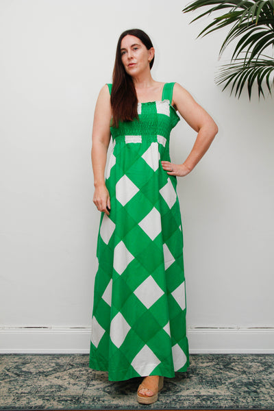 Vintage Prairie Maxi Dress, 1970's Green and White Check Cotton Bohemian