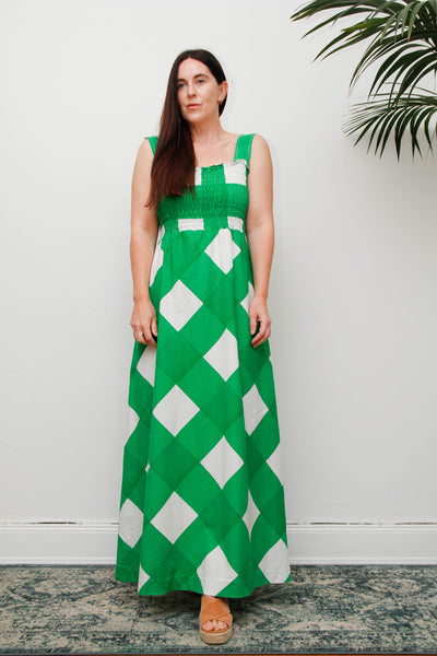 Vintage Prairie Maxi Dress, 1970's Green and White Check Cotton Bohemian