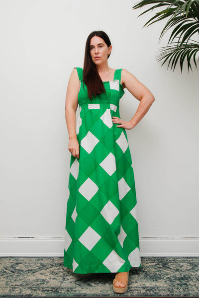 Vintage Prairie Maxi Dress, 1970's Green and White Check Cotton Bohemian