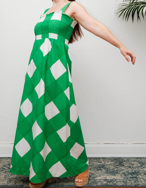 Vintage Prairie Maxi Dress, 1970's Green and White Check Cotton Bohemian