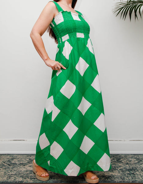 Vintage Prairie Maxi Dress, 1970's Green and White Check Cotton Bohemian