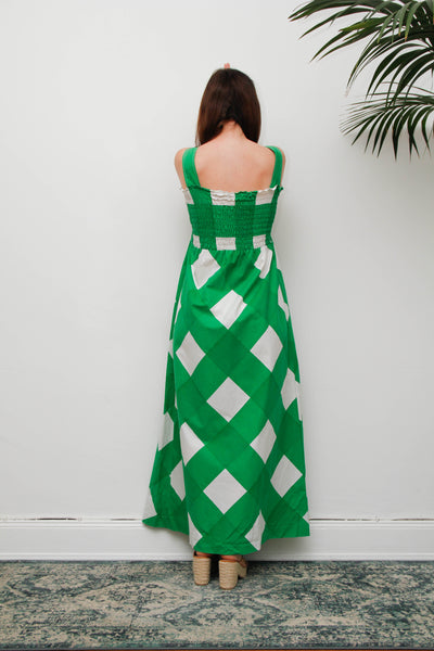 Vintage Prairie Maxi Dress, 1970's Green and White Check Cotton Bohemian