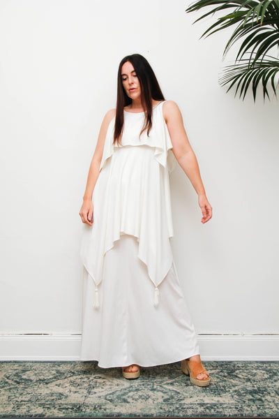 Ethereal 1970s Grecian White Maxi Dress, Vintage John Charles Gown