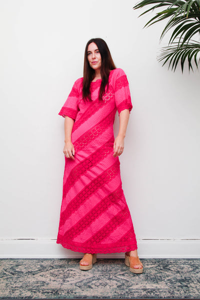 Vintage Mexican Fuchsia Pink Cotton Maxi Dress, Bohemian Lace Gown