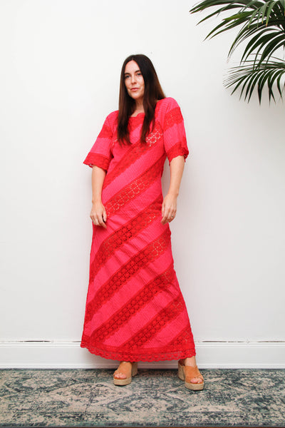 Vintage Mexican Fuchsia Pink Cotton Maxi Dress, Bohemian Lace Gown
